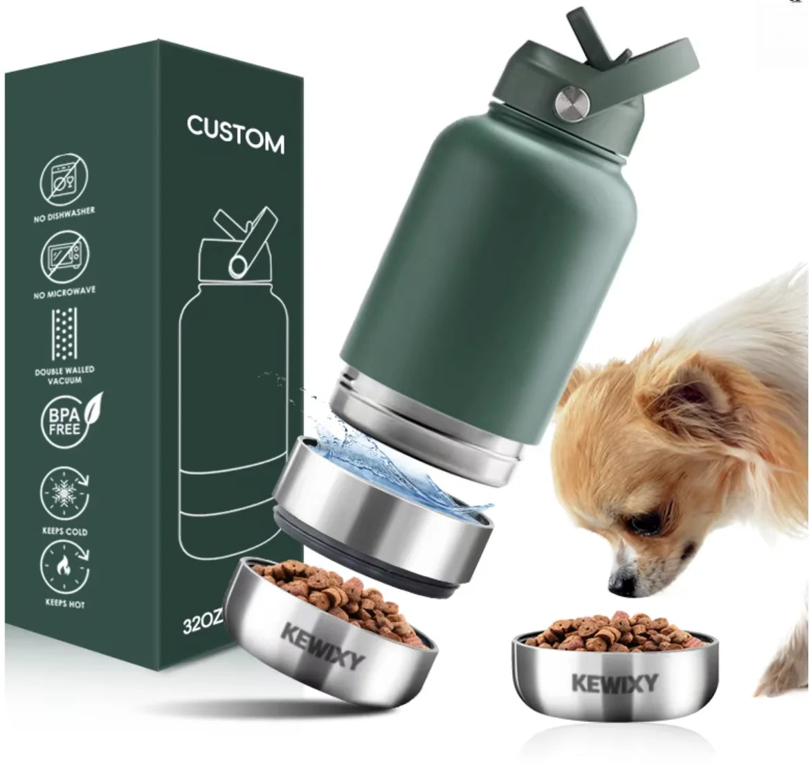 Custom logo 32 oz Double Wall Stainless Steel Insulated 3 in 1 Dog Pet Travel Water Bottle with Bowl