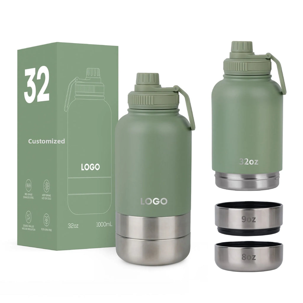 Custom logo 32 oz Double Wall Stainless Steel Insulated 3 in 1 Dog Pet Travel Water Bottle with Bowl