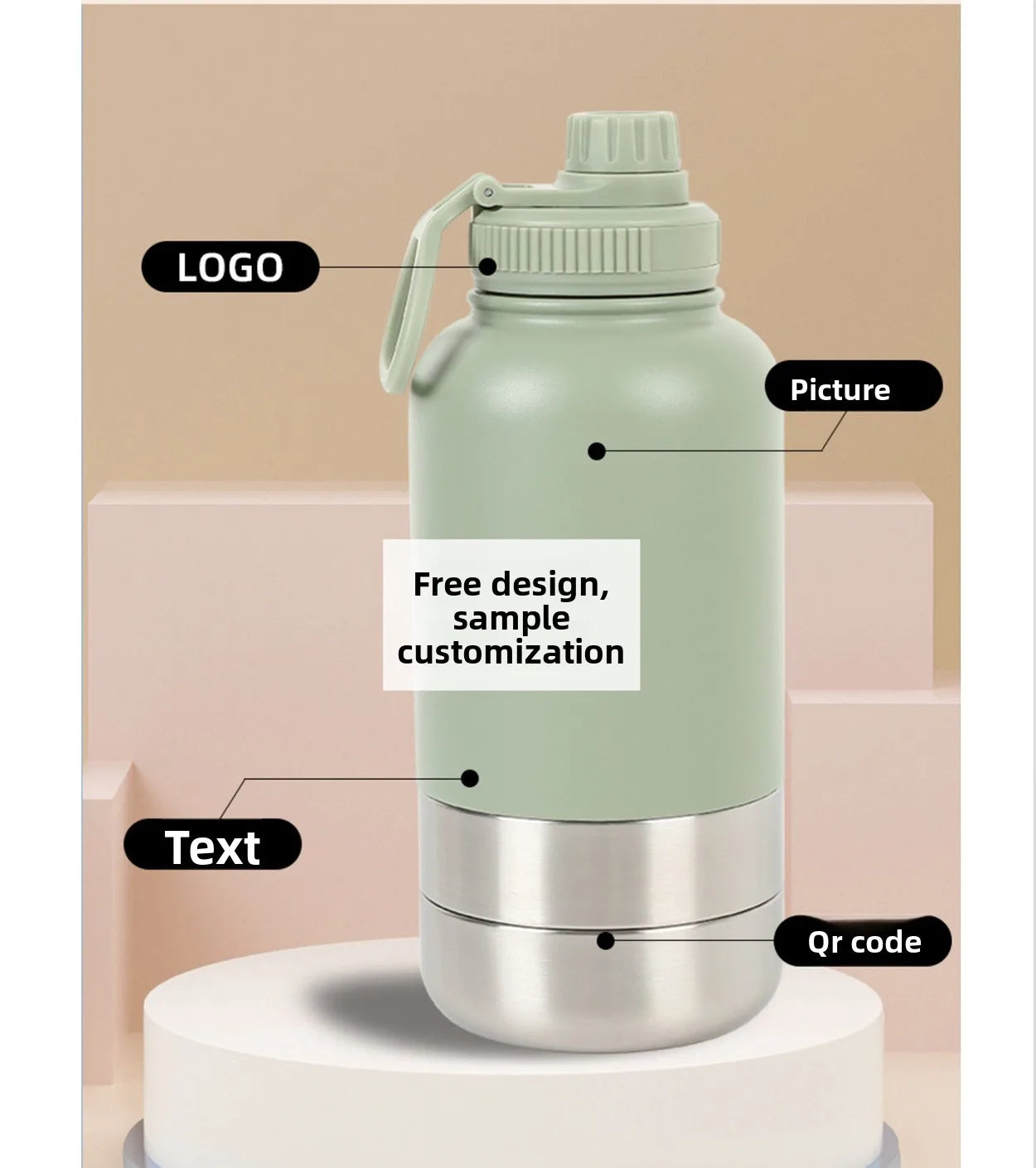 Custom logo 32 oz Double Wall Stainless Steel Insulated 3 in 1 Dog Pet Travel Water Bottle with Bowl